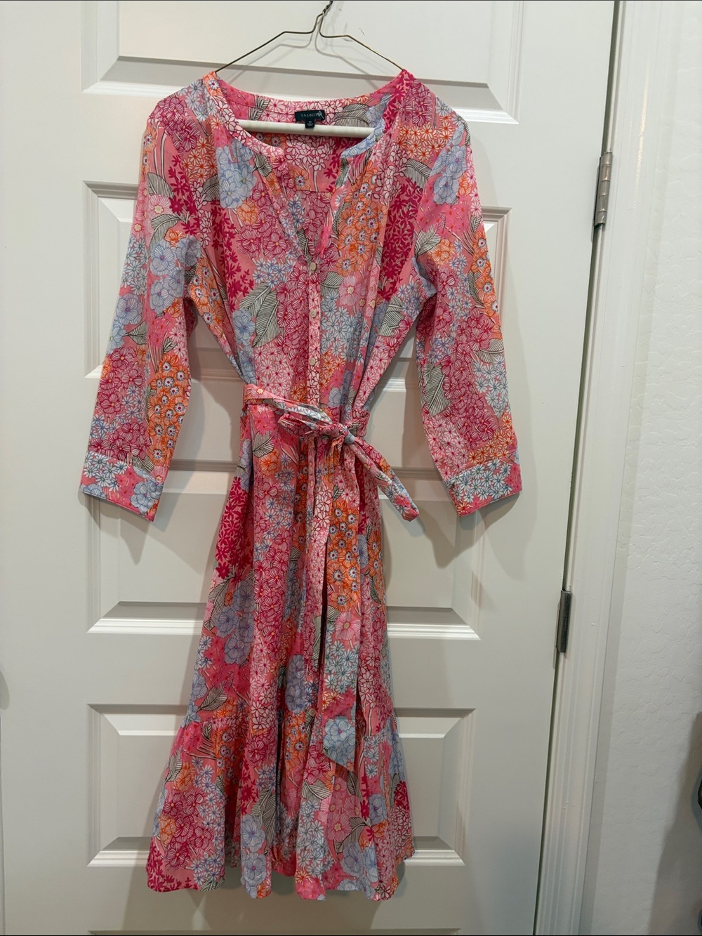 Talbots Coral Pink Floral Tie-Waist Midi Dress